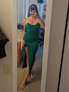 emerald green bandeau folded detail extreme split maxi dress Green Floral Flowy Dress